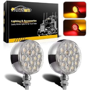 Partsam 2pc 3" Red/Amber Double Face Chrome Round Pedestal Lights 30 LED Sealed Clear Lens Fender Mount Stop Turn Tail Lights Replacement for Peterbilt/Kenworth/Freightliner Trucks Trailers