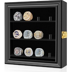 Championship Ring Display Case, 12 Ring Posts Baseball Ring Holder, Baseball Ring Display Case Lockable Wall Mount Wooden Shadow Box for Multiple Championship Rings