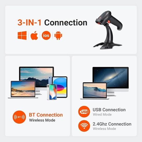 Tera Barcode Scanner Wireless 1D 2D QR with Stand: Battery Level Indicator 3 in 1 Works with Bluetooth 2.4G Wireless USB Wired Handheld Bar Code Reader with Vibration Alert HW0002 Orange in Kuwait