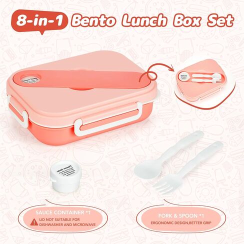 حاويات صندوق طعام للأطفال البالغين من Glotoch Pink Bento Box مكونة من 5 أقسام - آمنة للاستخدام في الميكروويف وغسالة الأطباق والفريزر - مثالية للعمل والمدرسة والوجبات أثناء التنقل، مع أدوات وبرطمان صلصة، 47 أونصة/1400 مل، وردي in Saudi Arabia