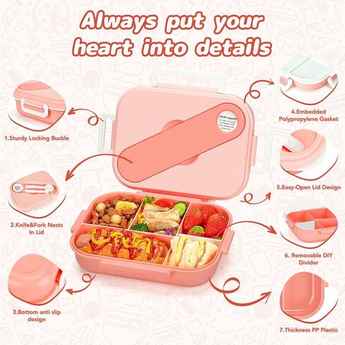حاويات صندوق طعام للأطفال البالغين من Glotoch Pink Bento Box مكونة من 5 أقسام - آمنة للاستخدام في الميكروويف وغسالة الأطباق والفريزر - مثالية للعمل والمدرسة والوجبات أثناء التنقل، مع أدوات وبرطمان صلصة، 47 أونصة/1400 مل، وردي in Saudi Arabia