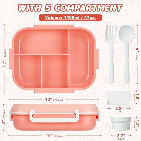 حاويات صندوق طعام للأطفال البالغين من Glotoch Pink Bento Box مكونة من 5 أقسام - آمنة للاستخدام في الميكروويف وغسالة الأطباق والفريزر - مثالية للعمل والمدرسة والوجبات أثناء التنقل، مع أدوات وبرطمان صلصة، 47 أونصة/1400 مل، وردي in Saudi Arabia