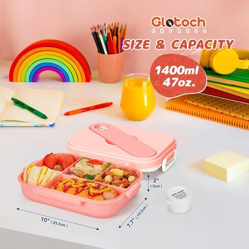 حاويات صندوق طعام للأطفال البالغين من Glotoch Pink Bento Box مكونة من 5 أقسام - آمنة للاستخدام في الميكروويف وغسالة الأطباق والفريزر - مثالية للعمل والمدرسة والوجبات أثناء التنقل، مع أدوات وبرطمان صلصة، 47 أونصة/1400 مل، وردي in Saudi Arabia