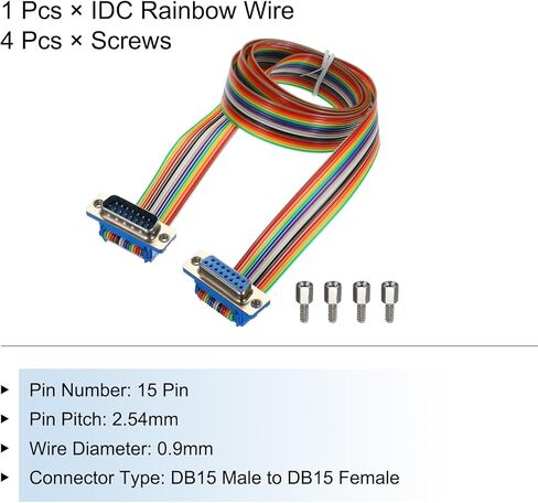 MECCANIXITY 1 قطعة IDC قوس قزح سلك كابل الشريط المسطح DB15 ذكر إلى DB15 أنثى 39.4 بوصة طول 2.54 مم أسلاك توصيل لوحة توصيل للمشاريع الإلكترونية in Kuwait