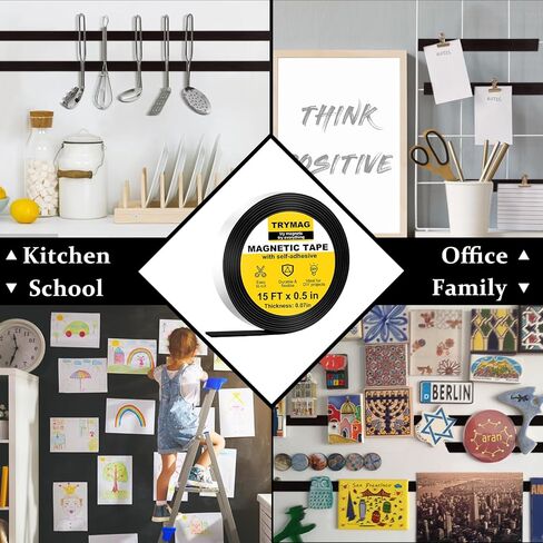 شريط مغناطيسي مرن من TRYMAG، شرائط شريط مغناطيسي مرنة مع دعامة ذاتية اللصق قوية مثالية للثلاجة والمكتب ولوحة المسح الجافة والحرف اليدوية، سمك 1/14 بوصة × عرض 1/2 بوصة × 15 قدمًا in Kuwait
