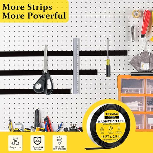 شريط مغناطيسي مرن من TRYMAG، شرائط شريط مغناطيسي مرنة مع دعامة ذاتية اللصق قوية مثالية للثلاجة والمكتب ولوحة المسح الجافة والحرف اليدوية، سمك 1/14 بوصة × عرض 1/2 بوصة × 15 قدمًا in Kuwait