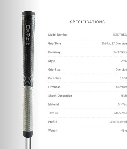 WINN DRI-TAC LT OVERSIZE Golf Grip - Non-Slip Comfort, Moisture-Wicking, Shock Absorption, AVS Technology, Hand Alignment & Arthritis Relief, Better Control with Lighter Grip Pressure, Ideal for Hand Injuries, Less Tapered Profile for Easier Gripping in Saudi Arabia