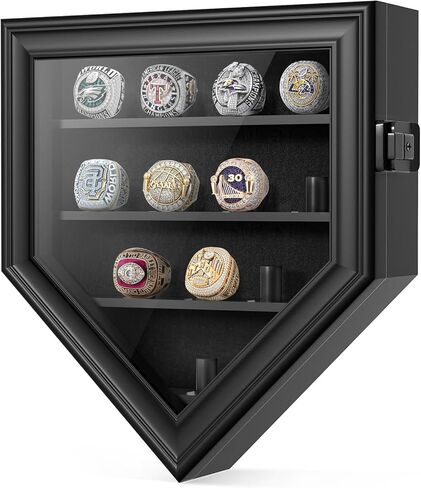 Championship Ring Display Case, 12 Ring Posts Baseball Ring Holder, Baseball Ring Display Case Lockable Wall Mount Wooden Shadow Box for Multiple Championship Rings in Kuwait