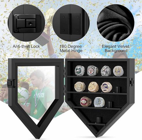Championship Ring Display Case, 12 Ring Posts Baseball Ring Holder, Baseball Ring Display Case Lockable Wall Mount Wooden Shadow Box for Multiple Championship Rings in Kuwait