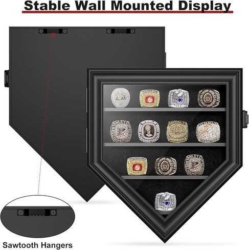 Championship Ring Display Case, 12 Ring Posts Baseball Ring Holder, Baseball Ring Display Case Lockable Wall Mount Wooden Shadow Box for Multiple Championship Rings in Kuwait