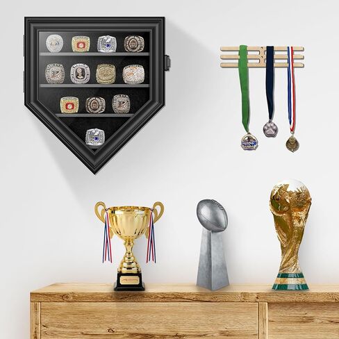Championship Ring Display Case, 12 Ring Posts Baseball Ring Holder, Baseball Ring Display Case Lockable Wall Mount Wooden Shadow Box for Multiple Championship Rings in Kuwait