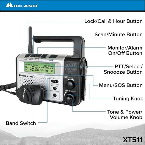 Midland® - XT511 - راديو الطوارئ - 22 قناة راديو معسكر قاعدة ثنائي الاتجاه مع 5 خيارات طاقة، 121 رمز خصوصية، 3 مصابيح LED ومسح الطقس NOAA + تنبيه - رمادي/أسود in Saudi Arabia