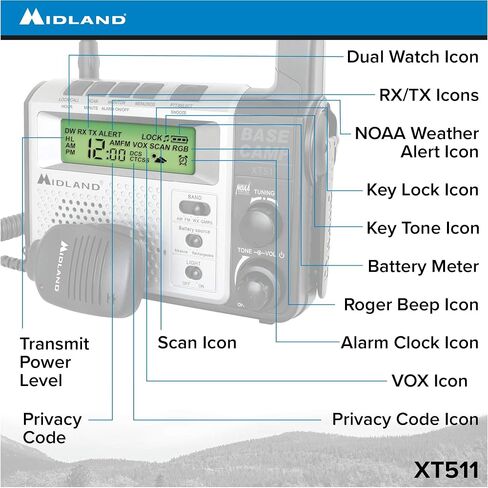 Midland® - XT511 - راديو الطوارئ - 22 قناة راديو معسكر قاعدة ثنائي الاتجاه مع 5 خيارات طاقة، 121 رمز خصوصية، 3 مصابيح LED ومسح الطقس NOAA + تنبيه - رمادي/أسود in Saudi Arabia