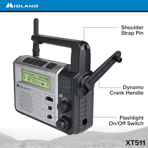 Midland® - XT511 - راديو الطوارئ - 22 قناة راديو معسكر قاعدة ثنائي الاتجاه مع 5 خيارات طاقة، 121 رمز خصوصية، 3 مصابيح LED ومسح الطقس NOAA + تنبيه - رمادي/أسود in Saudi Arabia