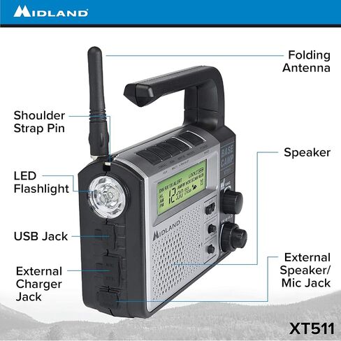 Midland® - XT511 - راديو الطوارئ - 22 قناة راديو معسكر قاعدة ثنائي الاتجاه مع 5 خيارات طاقة، 121 رمز خصوصية، 3 مصابيح LED ومسح الطقس NOAA + تنبيه - رمادي/أسود in Saudi Arabia