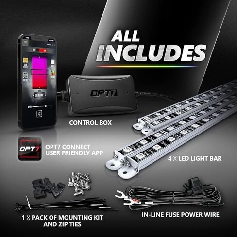 OPT7 Aura Pro Underglow Kit for Trucks Trailers w/App Control, Waterproof Rigid Aluminum LED Bars, Soundsync, Multi Colors Mode, Door Assist, iOS/Android Bluetooth, Exterior Neon Under Car Lights in Saudi Arabia