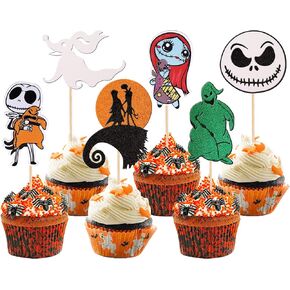 24 PCS Jack Skellington Halloween Cupcake Toppers Glitter Skull Ghost Jack and Sally Cupcake Picks for Nightmare Before Christmas Theme Wedding Anniversary Birthday Party Cake Decorations Supplies