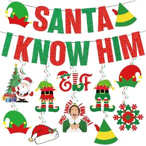 Santa I Know Him Banner Buddy The Elf Christmas Decorations Buddy The Elf Banner for Christmas Elf Decorations Christmas Party Decorations Funny Christmas Decorations