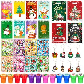 RAORAOYUE 76 PCS Christmas School Stationery Set, Christmas Plastic Party Gift Bags, Xmas Mini Notebook Stamp Stickers Keychain for Party Supplies
