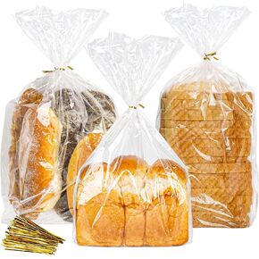 Bread Bags for Homemade - Clear Cellophane Bags Plastic Treat Bags with Ties for Airtight Storage of Baked Goods(100PACK, 8x8x14in)