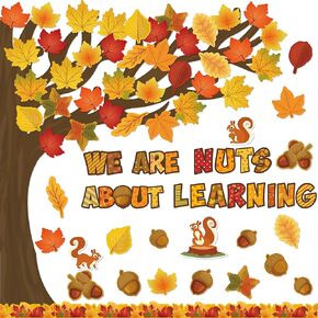 B1ykin 178Pcs Fall Nuts Tree Learning Bulletin Board Decoration Set, Autumn Maple Leaves Welcome Cutouts Borders Wall Accents, Woodland Squirrel Chalkboard Party Decoration for School Classroom Door