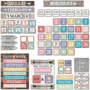 Classroom Calendar Set Bulletin Board Decor – School Calendar For Classroom Elementary & Preschool, Bulletin Board Decorations With Weather Chart & Seasons, Farmhouse Teacher Must Haves