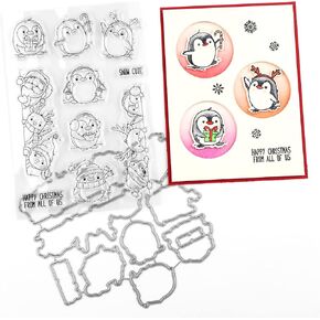 Briartw Cute Penguins Joy Winter Happy Friends Happy Christmas Snow Gift Metal Cutting Die and Clear Rubber Stamp Set DIY Scrapbooking Embossing Stencil Craft Card-Making Paper Gift Card