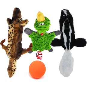 Large Dog Toys Set of 3 Plush Stuffingless Animals 24 Inches - Skunk/Wolf Squeaky Toys - Duck Squeaky w/ Crinkle Body and Rope for Tug. Rubber Ball for Aggressive Chewers Medium/Large Dogs + Carry Bag