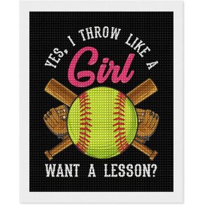 Yes I Throw Like A Girl Want A Lesson Softball Cool DIY 5D Diamond Painting Pictures by Number Kits, Cross Stitch Crystal Rhinestone Embroidery Paintings Arts Craft for Home Deco