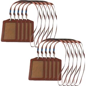 yueton 10pcs Vertical Style Leather Business ID Badge Card Holder, Name Card Business Card Holder Tag with Long Neck Strap Band Lanyard (Brown)
