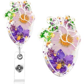 Heart Badge Reel with Alligator Clip, Cardiac Dried Flower Badge Reels, Retractable Nurse Badge Reel Holder Cute Badge Clip Resin Name Card Holders with Alligator Clip for Doctor Nursing