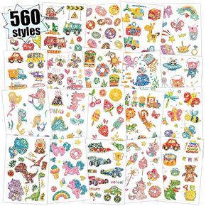 Partywind 56 Sheets Glitter Kids Temporary Tattoos, 560 Styles Party Supplies Favors for Boys Girls Birthday Party Decorations, Surprise Goodie Bag Stuffers for Children