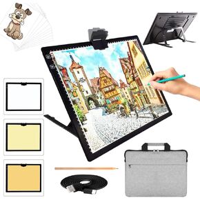 A3 LED Light Pad with Carry Bag, TOHETO Wireless Rechargeable Light Board with Stand and Top Magnetic Clip 3 Colors Stepless Dimmable 6 Levels Brightness Light Box for Diamond Painting Weeding Vinyl