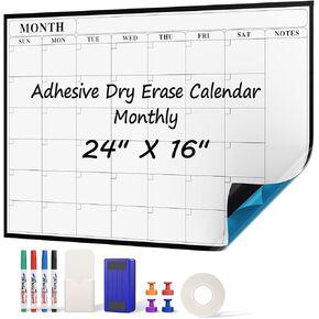 MaxGear Dry Erase Calendar 24"x16" Adhesive Weekly Whiteboard Calendar for Wall, Office, Conference Room, Classroom, Home, 1 Marker Holder, 4 Markers, 1 Eraser, 4 Magnets