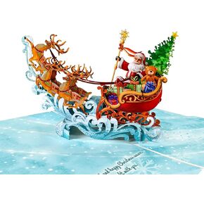 Santa Christmas Cards, Pop Up Christmas Card, 3D Christmas Card, Christmas Card Kids, Santa Sleigh, Reindeer, Holiday Xmas Gift Cards with Envelope and Message Tag