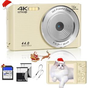Digital Camera FHD 4K 44MP with 64GB SD Card 16X Digital Zoom 2024 Digital Cameras FHD 1080P Cheap Simple Compact Portable Small Camera with Memory Card Gifts for Teens Boys Girls Kids (Cream)