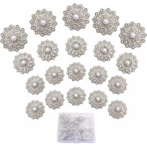 20PCS Alloy Embellishment Buttons with Artificial Pearls and Rhinestones Set for Coat，Suits，Knitting Sweaters, Sewing Crafting, Replacement, Handmade Crafts stored in a Plastic Box (Silver)