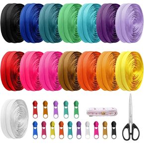 45 Yards 15 Colors Zipper Repair Kit #5 Sewing Zipper with 90Pcs Pull Heads, Scissor and Ruler for DIY Sewing Crafts, Nylon Coil Zippers Crafts Zipper Tape for Clothes, Bag, Purse Making Supplies