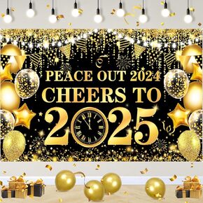 Good Bye 2024 Welcome 2025 Banner Black Gold Happy New Year Banner Backdrop 2025 New Year Party Decorations Extra Large Happy New Year Background for 2025 NYE Party Supplies 72.8x 43.3 Inch