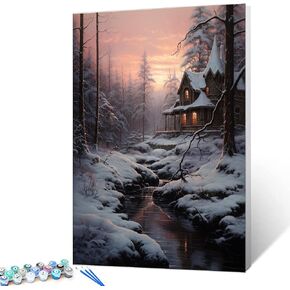Paint by Numbers Cabin in Winter Snow Scene DIY Painting On Canvas, Paintwork with Paintbrushes Acrylic Paints,Perfect for Paint by Numbers for Adults and Kids Beginner Without Framed 16''x20''