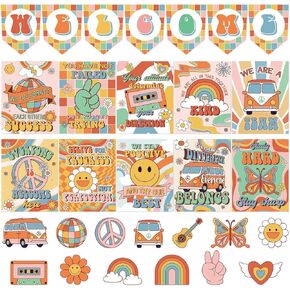 30pcs Retro Welcome Classroom Posters Groovy Bulletin Board Decoration Boho Back to School Motivational Positive Poster for 70s Hippies Welcome Sign Inspirational School Wall Decor Supplies