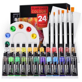 24 Colors Stained glass paint with 6 Brushes and 1 Palette, Waterproof Acrylic paint for windows glass, Glass Color Paint for Wine Bottle, Light Bulbs and Ceramic