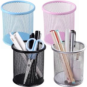Lemical Pen Holder for Desk 4 Pcs Wire Mesh Pen Holders Desk Pencil Cups Metal Pen Container Round Makeup Brush Holder Desk Accessories for Organize Office Stationary（Black, Silver, Pink, Sky Blue）