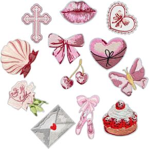 12PCS Pink Girl Iron on Patches, Cute Heart Cake Kiss Embroidered Patches for Clothes, Coquette Cross Bow Heart Applique for Girls, Hats, Jeans, Jackets, Bags, Backpacks, Dress