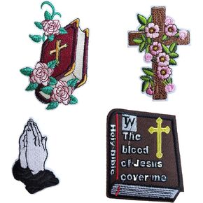 Bundle 4pcs Flower Jesus Cross Pray Bible Book Iron On Patches, Embroidered Patch for Clothes Jacket Jeans Hats Bags Backpacks