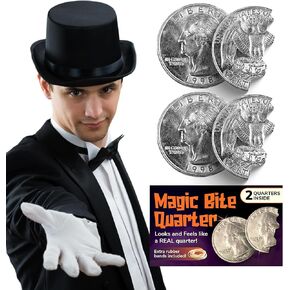 Magic Coin | (2 Pack) Hinged Bite Coin Magic Tricks for Adults Professional or Kids, Folding Coin, Optical Illusion Fake Quarters Magic Props, Cool Stuff, Prank Toys for Kids - Extra Bands Included