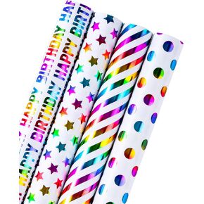 WRAPAHOLIC Birthday Wrapping Paper Roll - Colorful Foil Happy Birthday Design for Birthday, Wedding, Baby Shower - 4 Rolls - 30 inch x 120 inch Per Roll