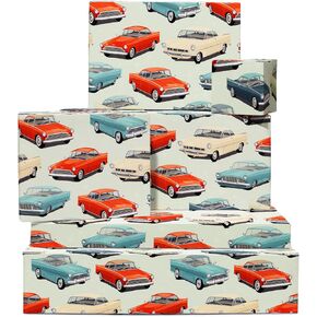 CENTRAL 23 Retro Car Wrapping Paper - Classic Vintage Cars - 6 Sheets Of Gift Wrap For Men Boys - Birthday Holiday Christmas - Comes With Stickers - Recyclable