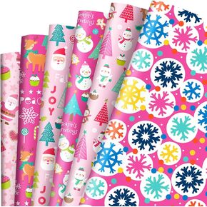 JarThenaAMCS Christmas Wrapping Paper -Not Roll- 12 Sheets Hot Pink Christmas Tree Santa Claus Wrap Paper Folded Flat Art Craft Paper for Christmas Holiday Party, 19.7 x 27.6 Inch
