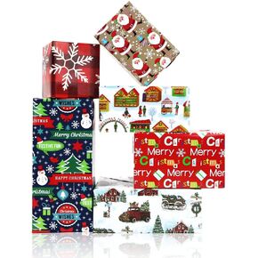 Christmas Gift Wrapping Paper,6 PCS 6 Designs Xmas Funny Red Blue White Wrapping Paper Sheets,Christmas Tree Santa Snowflake Toys Gift Wrap Paper For Christmas Birthday Baby Shower Wedding Boys Girls
